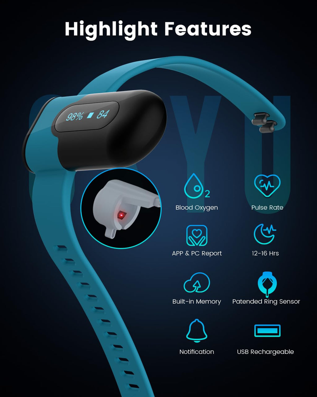 Vibeat OxyU Wrist Pulse Oximeter - Bluetooth Blood Oxygen Monitor with Finger Sensor, Wearable Finger Oxygen Meter, Continuous Heart Rate & O2 Tracking, Real-time Notification, Free APP & PC Report