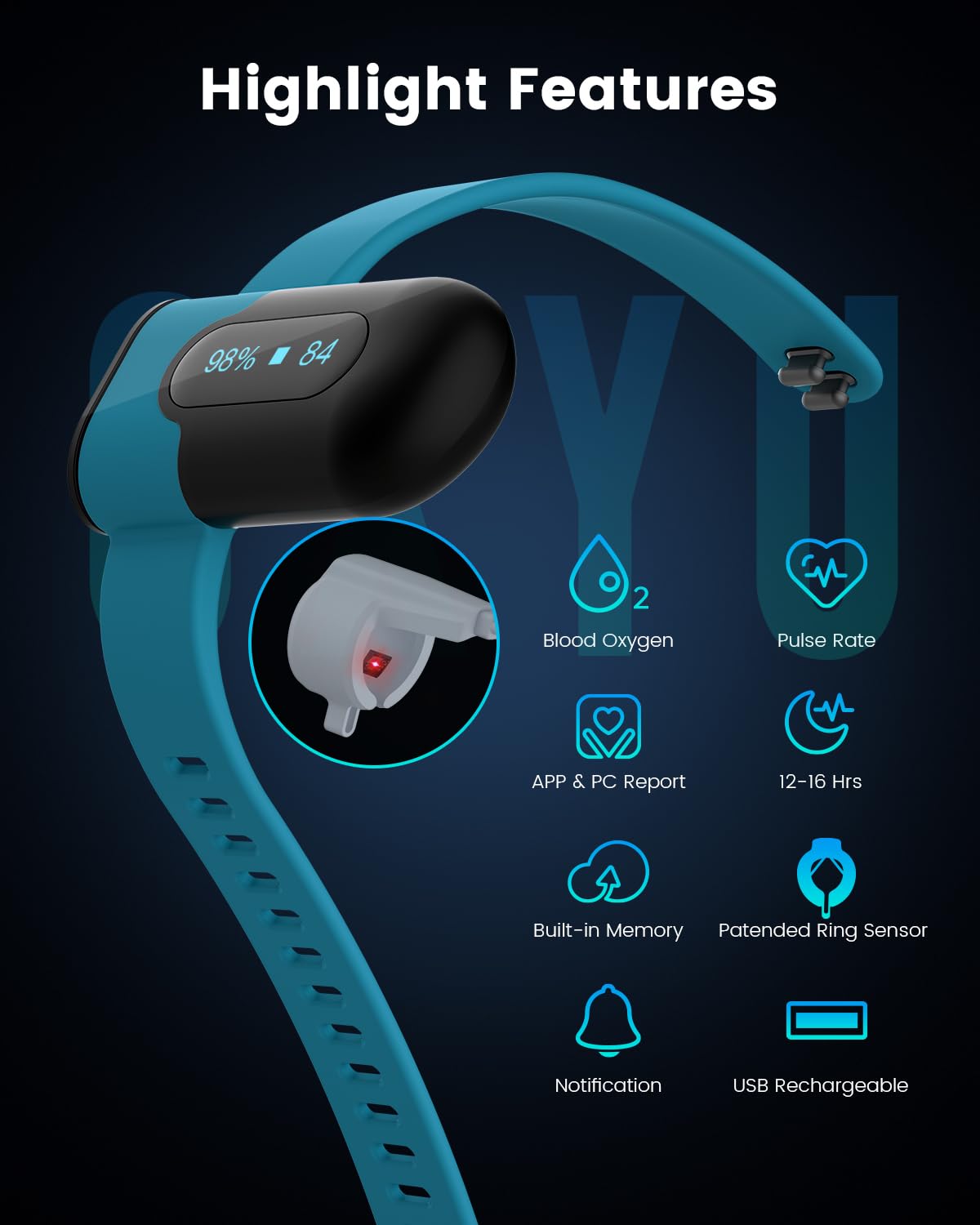 Vibeat OxyU Wrist Pulse Oximeter - Bluetooth Blood Oxygen Monitor with Finger Sensor, Wearable Finger Oxygen Meter, Continuous Heart Rate & O2 Tracking, Real-time Notification, Free APP & PC Report