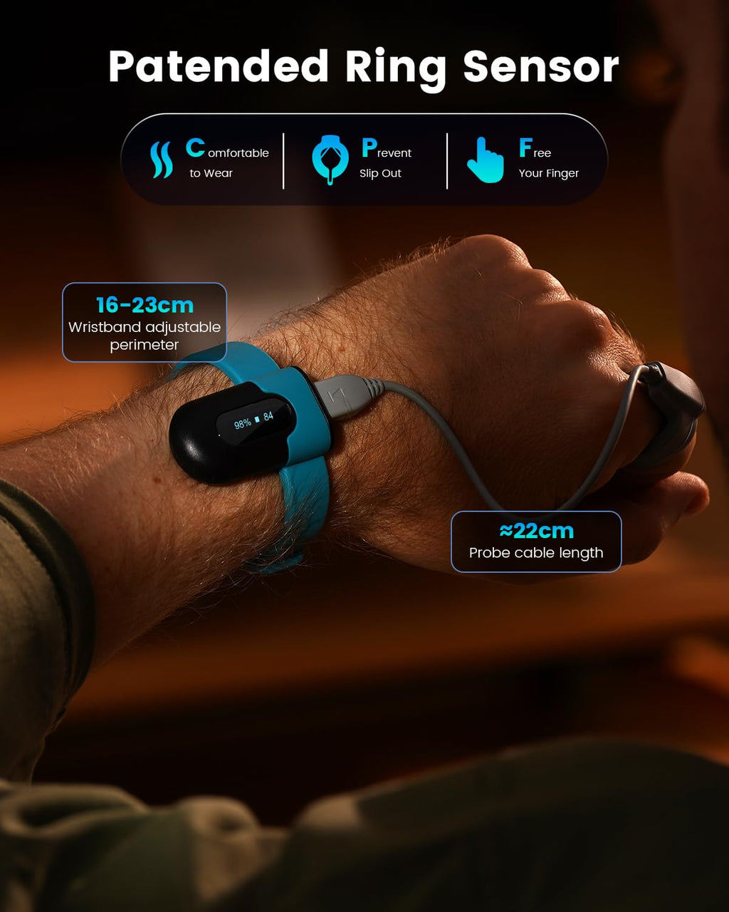 Vibeat OxyU Wrist Pulse Oximeter - Bluetooth Blood Oxygen Monitor with Finger Sensor, Wearable Finger Oxygen Meter, Continuous Heart Rate & O2 Tracking, Real-time Notification, Free APP & PC Report